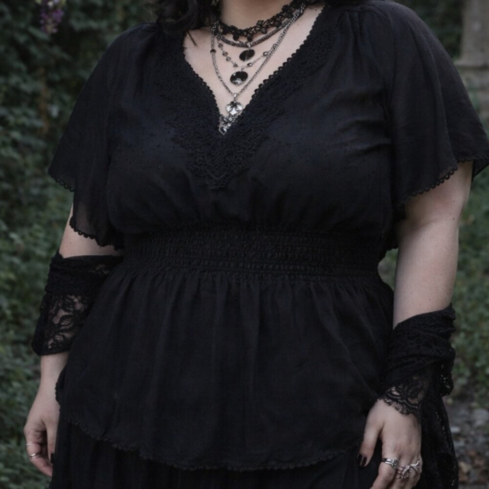 Vintage Dots Semi-Sheer Black Shirt Plus 2X Whimsigoth Romantic Soft Grunge Lace